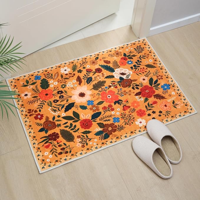 Rugcomf Door Mat Indoor Entrance 2x3 Rug Machine Washable Boho Floral Small