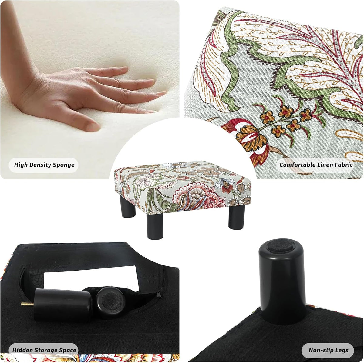Joveco Small Foot Rest Stool Ottoman, 15" Fabric Square Footstool Upholstered Footrest for Chair, Under Desk, Office, Living Room, Boho Floral