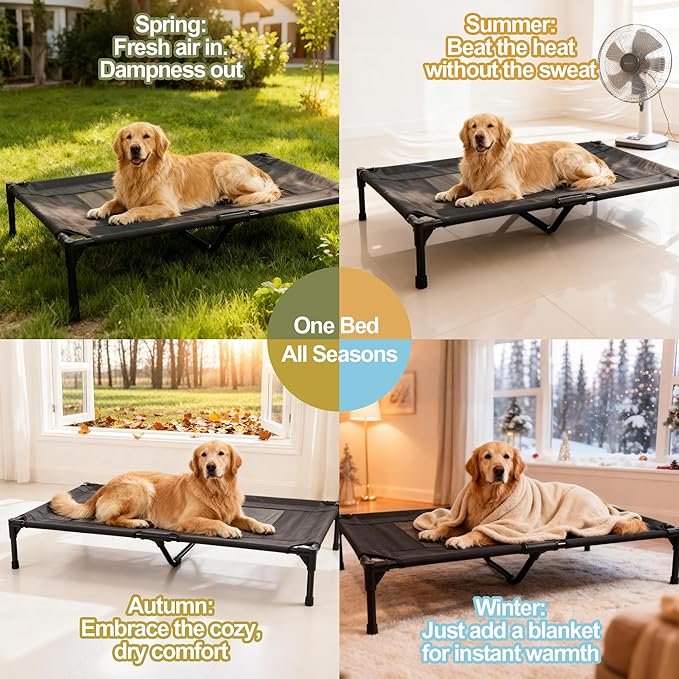 Raised Dog Bed Cooling Cot for Indoor Outdoor Use Portable Waterproof Mesh Pet Bed Washable for Large Medium Small Dogs, Black
