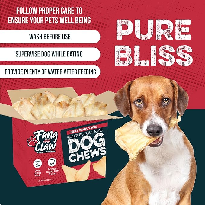 50 Count Water Buffalo Ears for Dogs – Bulk Natural Dog Chews, 100% Single-Ingredient, Long-Lasting Rawhide Alternative, Grain-Free, No Additives