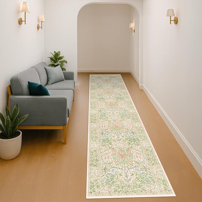 Washable Beige Green 2x10 Runner Rug