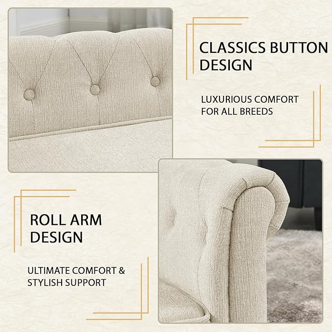 Elevated Rectangle Dog Sofa for Small & Medium Dogs - Comfortable Linen Fabric Dog Bed with Button Tufted Back, Durable Modern and Stylish Pet Bed for Living Room, Bedroom (Beige)