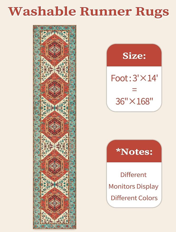 SERISSA Runner Rug for Hallways, 3x14 Washable Non Slip Kitchen Runner Rug