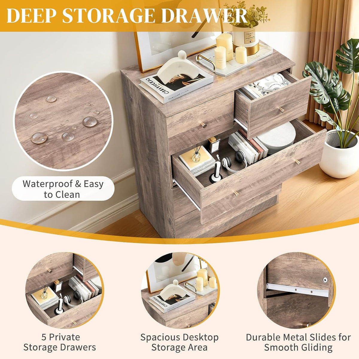 Karl home Grey 5 Drawer Dresser, Wood Chest with Rose Gold Handle