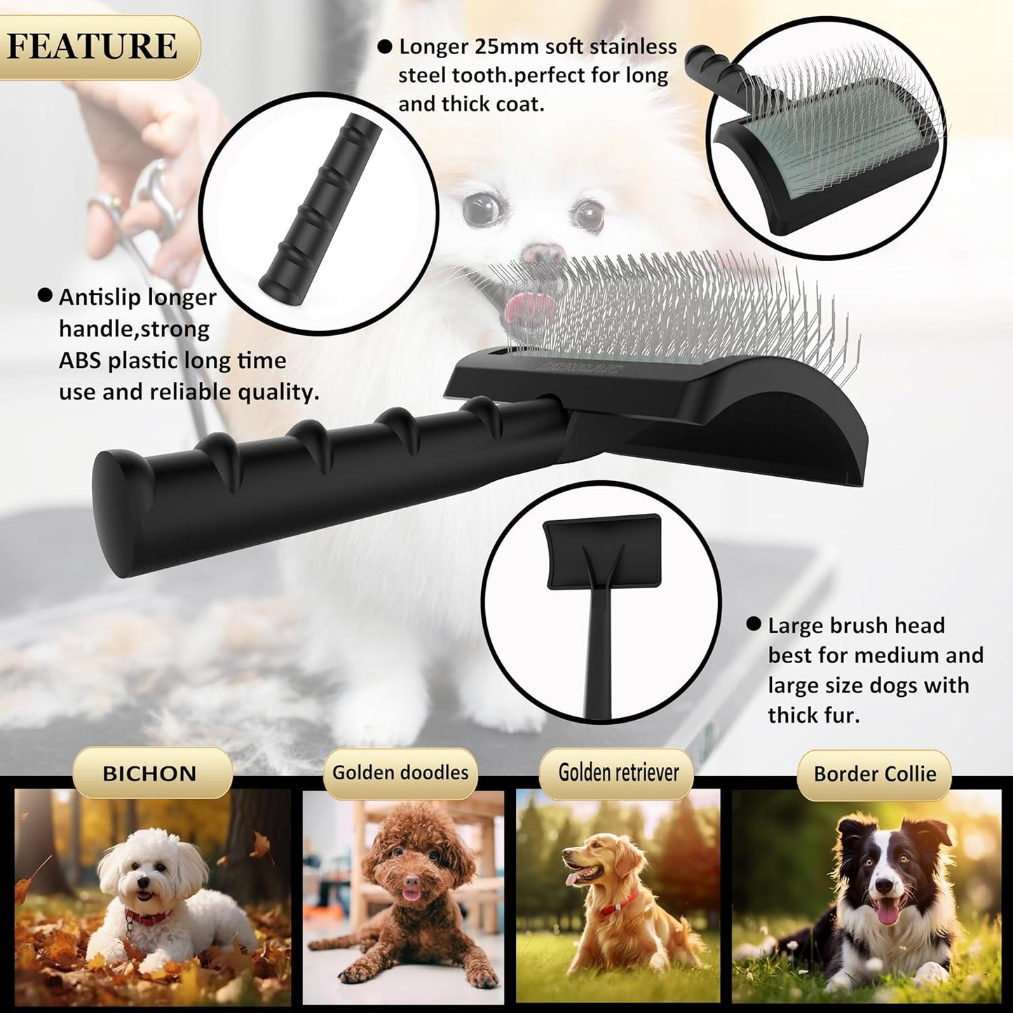 Dog Slicker Brush for Poodles,Doodles,Goldendoodles Grooming Fluffy Shedding Tangles Mats Knots Easy and Quick Best Dog Slicker Brush for Long Thick Curly Coat Labradoodles Dematting.25mm(1'')