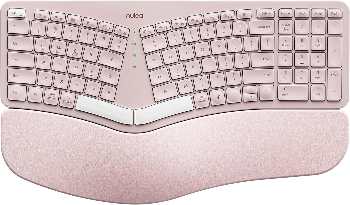 Nulea RT05 Wireless Ergonomic Keyboard, Split Keyboard with Wrist Rest, USB-C Charging, 7-Color Backlight, Natural Typing, Bluetooth and USB Connectivity, Compatible with Windows/Mac(Pink)