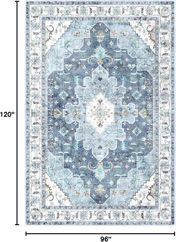 SERISSA Boho 8x10 Area Rugs Blue, Washable Vintage Large Living Room Rug