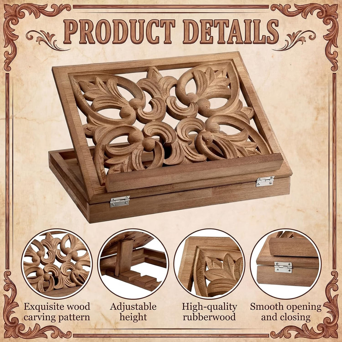Amyhill Adjustable Wooden Bible Stand 13x10, Carved Book Holder, Classic