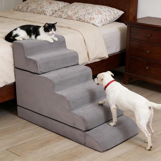 Dog Stairs for High Beds Up to 24-30"，Non-Slip 6 Steps Pet Stairs for Small Medium Dogs & Senior Cat，Washable Cover