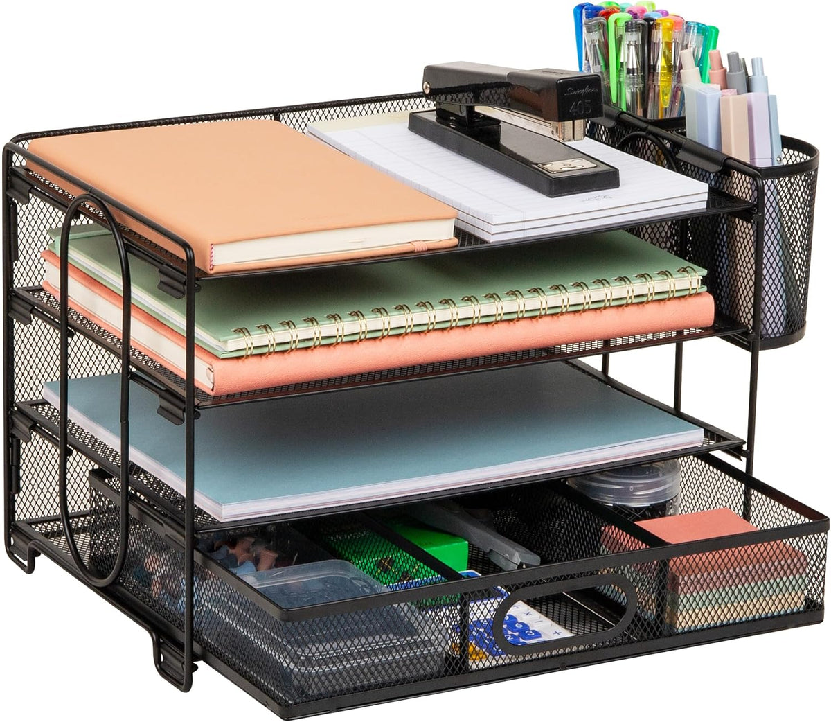 Mind Reader Mesh Desk Organizer, 3 Trays, 1 Drawer, 2 Pen Holders, Office Desktop Organizer, Metal Mesh, Black