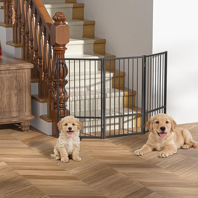 Full Metal Freestanding Dog Gate with Door, 36''Height Foldable Pet Dog Fence for Indoor & Outdoor, 3 Panels Extra Wide Free Standing TallDog Gates for Doorways,House,Stairs,Porch,Deck,Yard