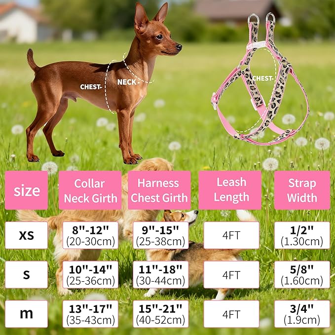Mile High Life Leopard Dog Harness Collar Leash Set, Adjustable No Pull Dog Halter Harness for Small Breed Dogs, Easy Control for Training Walking (Brown, S Chest 11"-18", Neck 10"-14")