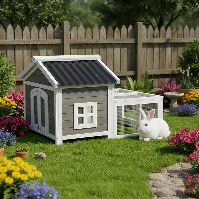 Rabbit Hutch Chicken Coop Outdoor Woden Small Animal Cage with Ventilated Wire Run, Weatherproof for Quail, Bunnies, Guinea Pigs