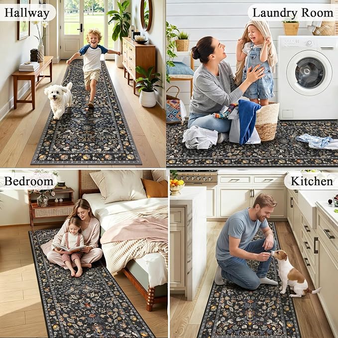 HEBE Washable Hallway Runner Rug 2'x 8' Non Slip Kitchen Rugs Runner, Low Pile