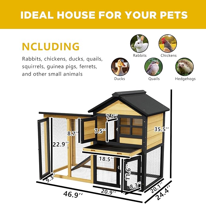 Large Chicken Coop and Run Outdoor Indoor Two Story Rabbit Hutch Pet House Guinea Pig Cage with Removable Tray, Ramp, Ventilation Doors for Chickens, Bunny, Ducks, Quails（Natural Wood）