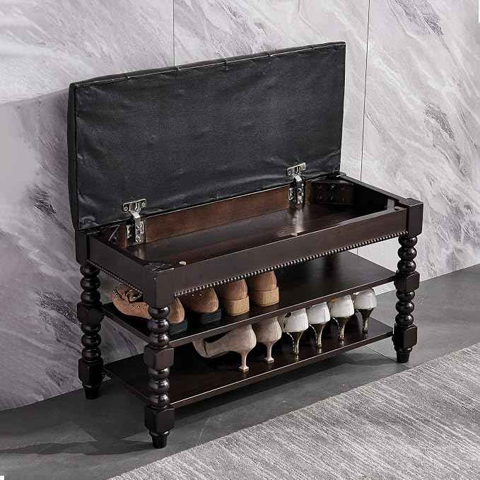 Shoe Storage Bench with Cushion, Entry Bench with Storage Solid Wood Shoe Bench