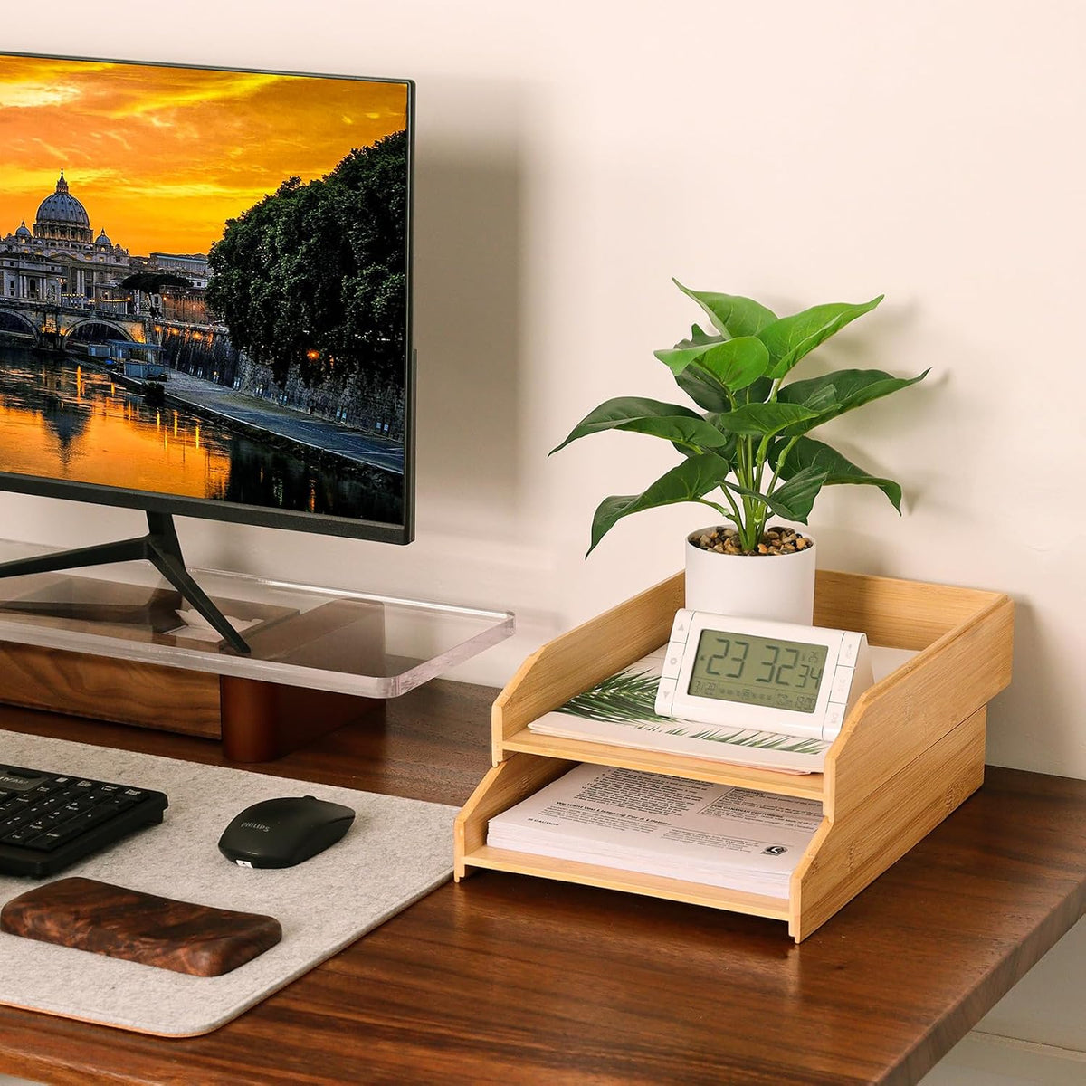 MultiBey A4 Bamboo Stackable Paper Tray 2-Pack - 2-Tier Desk Organizer