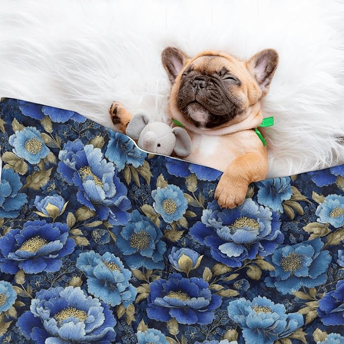 Waterproof Dog Blanket Soft Pet Blanket for Puppy Cat, Fleece Cat Throw Blankets for Furniture Bed Couch Sofa Reversible - Vintage Blue Floral 1