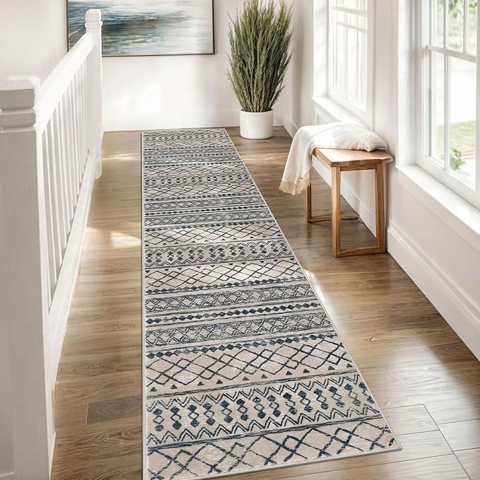 KUTA Boho Runners for Hallways 2x8 Light Brown Black Moroccan Washable Runner