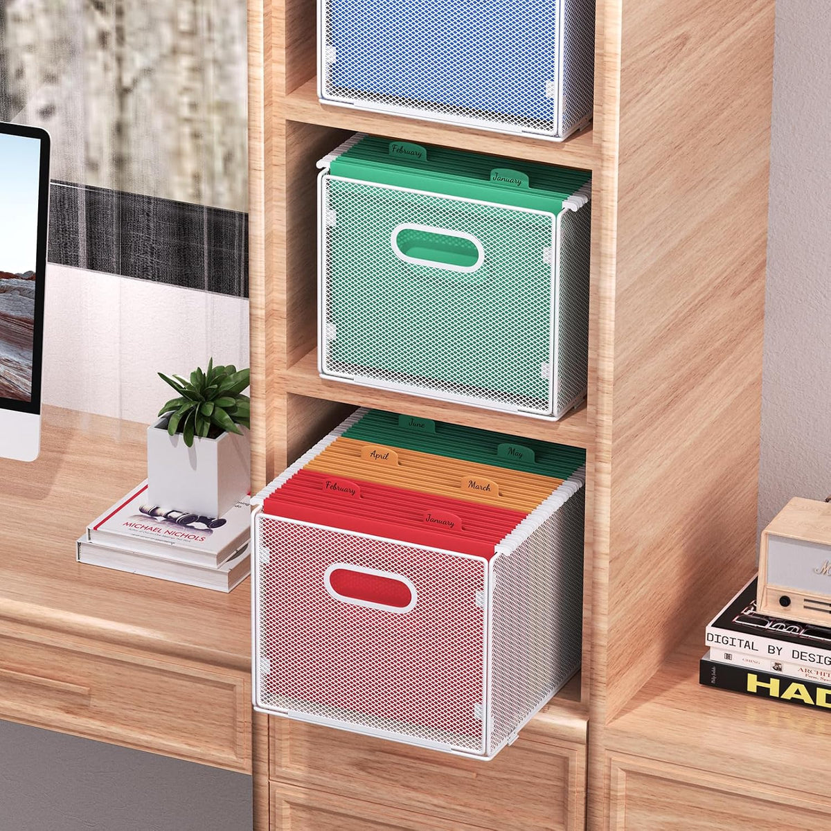 samstar 2 Pack Hanging File Organizer, Mesh File Folder Box Filing Box Cabinet Organizer Storage Boxes, Letter Size,White