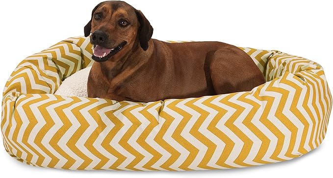 Majestic Pet 52 Inch Chevron Sherpa Calming Dog Bed Washable – Cozy Soft Round Pet Bed with Spine for Head Support - Fluffy Donut Bed 52x35x11 (inch) – X- Large - YELLOW