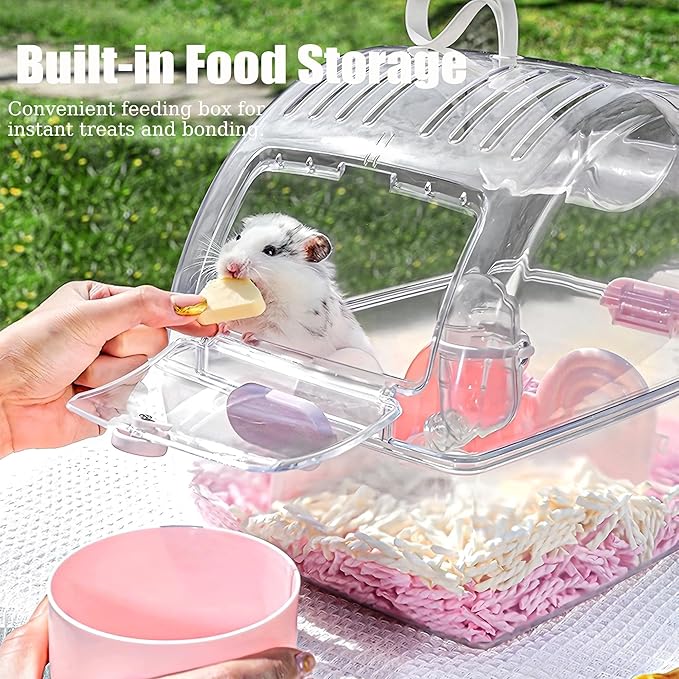 Small Portable Hamster Cages,13×8.2×10.8 Inch Hamster Carrier with Water Bottle,Dwarf Hamster Travel Cage with Storage Box,360º Transparent Acrylic Pet Travel Carrier Cage,Outdoor Animals Carry(Pink)