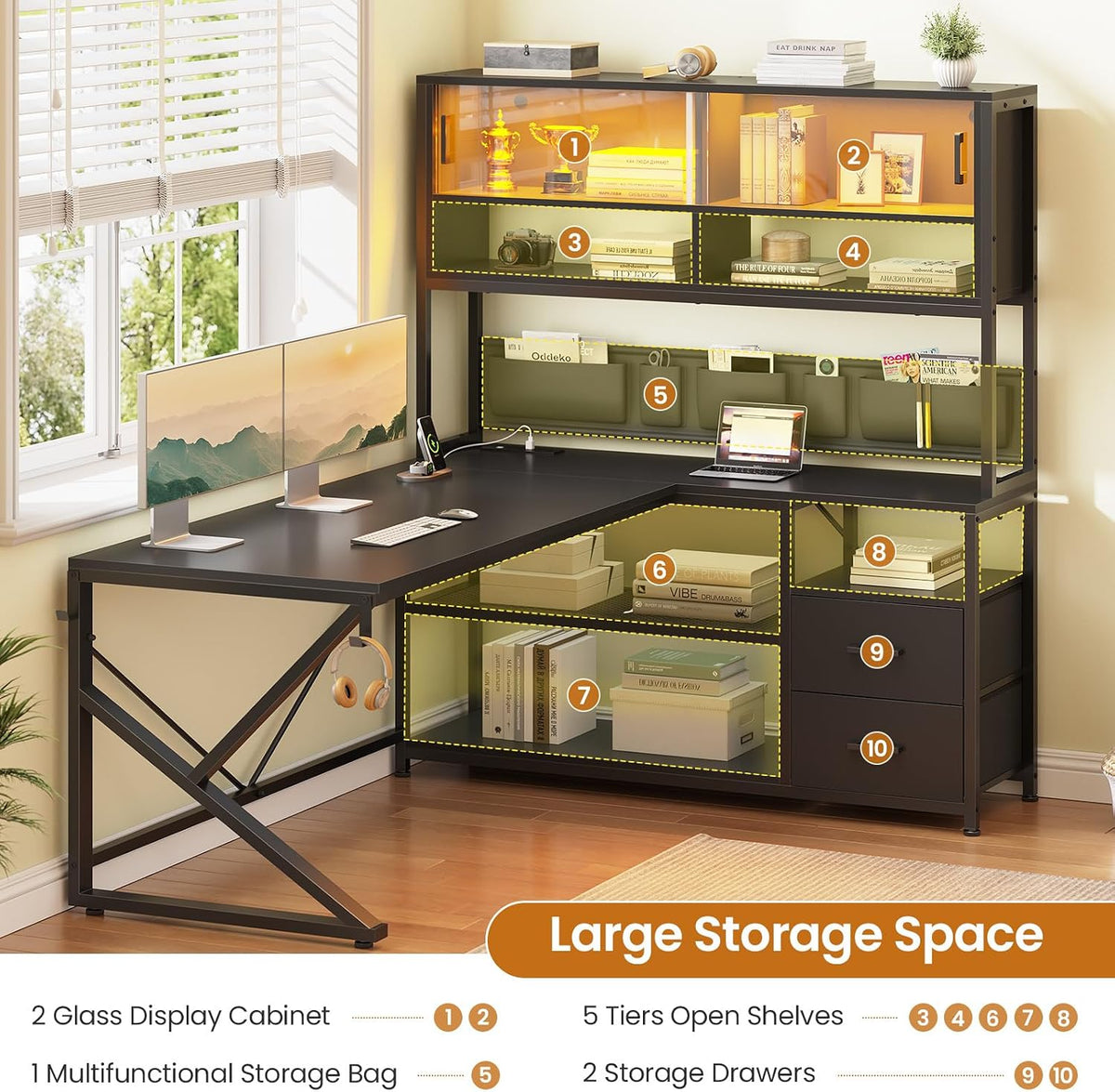 SEDETA L Shaped Gaming Desk with Storage Shelves, 2 Drawer, LED Light