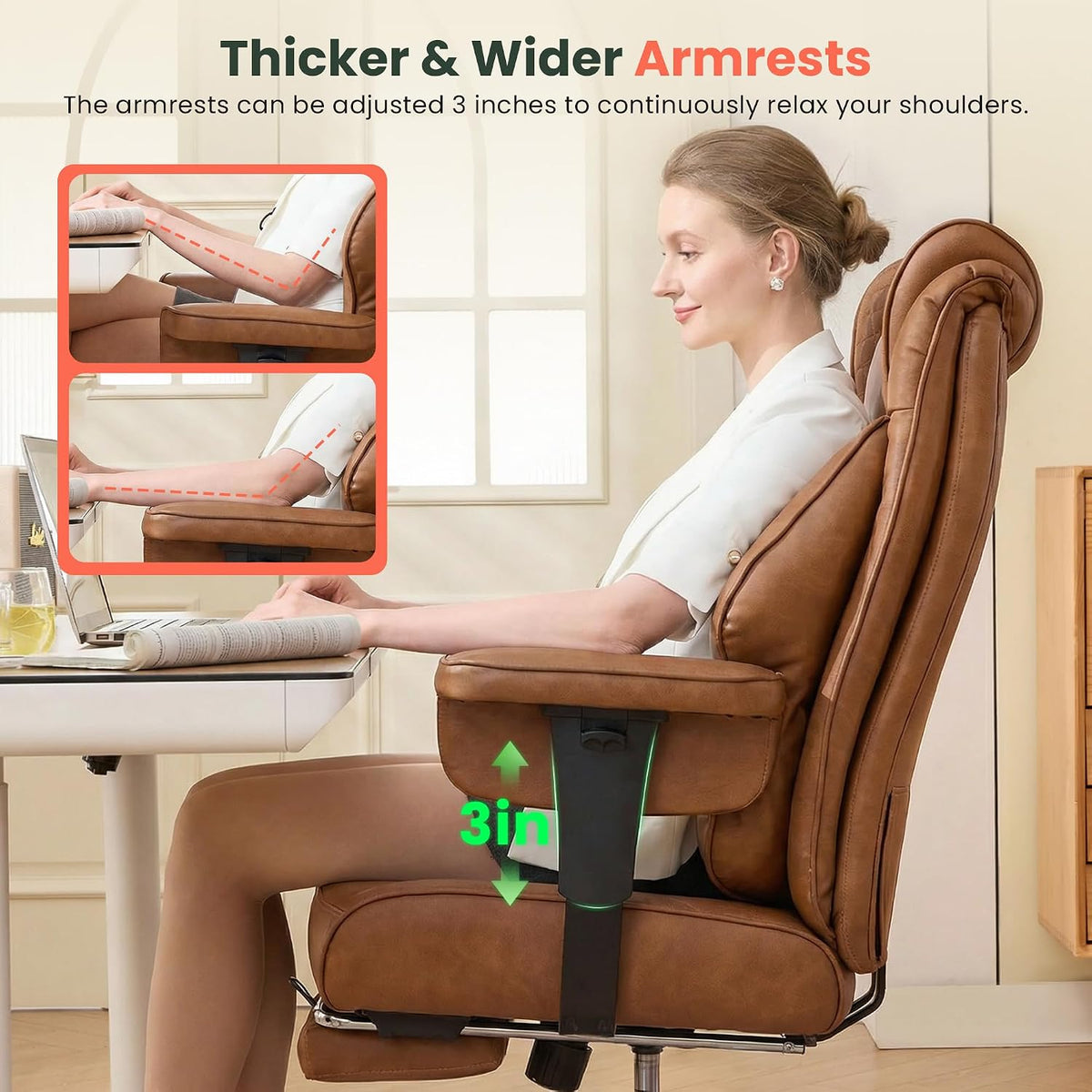 CIOMAN 500lbs Big and Tall Office Chair Adjustable Lumbar Support, Extra Wide Seat Ergonomic Gaming Chair with Footrest, Heavy Duty High Back Executive Leather Computer Desk Chair, Brown