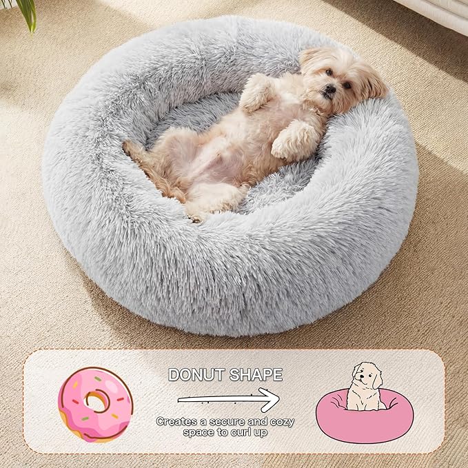 Calming Dog Bed, 20" x 20" x 6" Fits Cat & Dog, Anti-Slip Round Washable Faux Fur for Doze Off, Napping Orthopedic, Grey