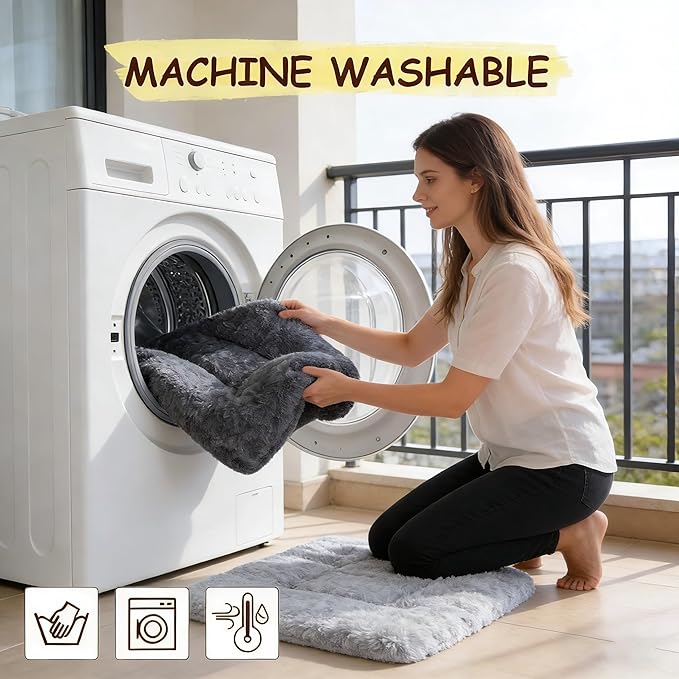Washable Dog Bed for Small to Large Dogs, Calming Anti Anxiety Medium Dog Bed, Deluxe Plush Faux Fur Crate Beds, Comfy Fluffy Kennel Pad Pet Mat with Non-Slip Bottom, 36"x27", Dark Grey