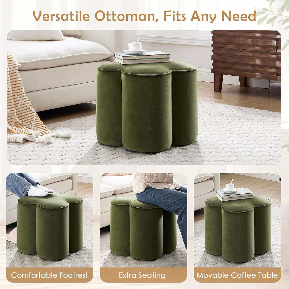 Olive Green Velvet Ottoman Set of 2, Modern Small Vanity Stool