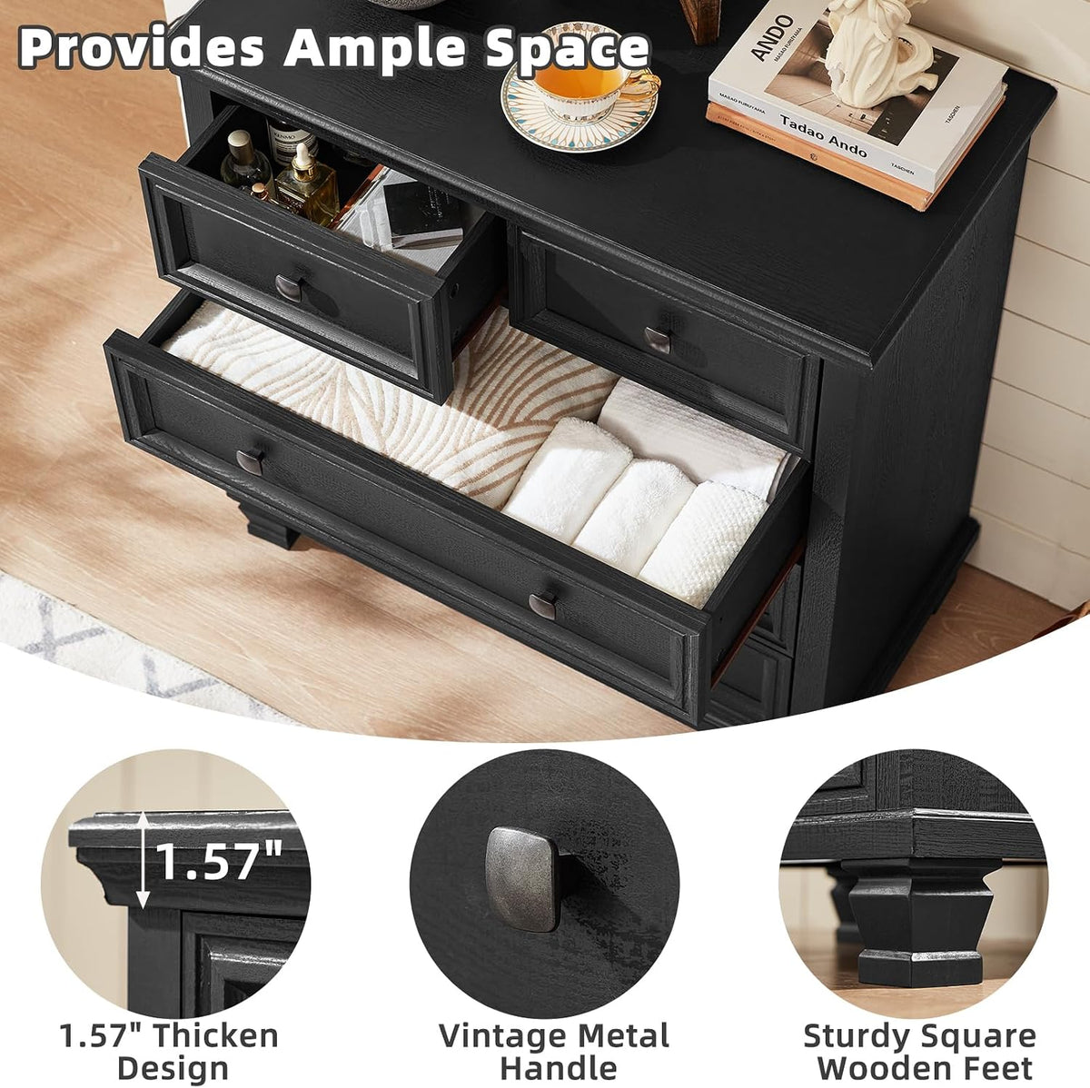 SAVOR LIFE Farmhouse 5 Drawer Dresser for Bedroom, 32.6 Inch Tall Vintage Wood Chest of Drawers, Rustic Small Dressers w/Square Solid Wooden Legs, Mid-Century Storage Organizer for Living Room, Black