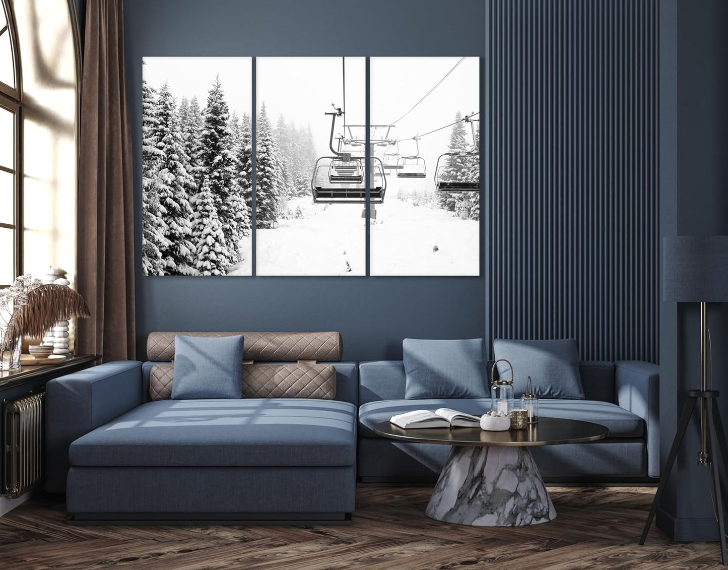 Nature Wall Art Prints - Ocean Forest Mountain Lake Canvas Landscapes - Small to Extra Large Living Room Bedroom Kitchen Bathroom Décor (Ski Lift on Snowy Mountain, 35L" x 53W" - 3 Panels)