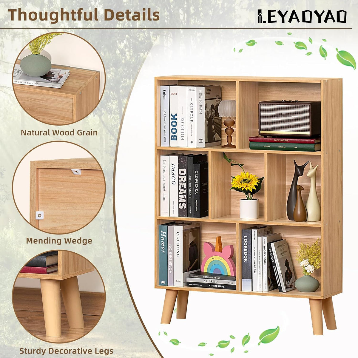 LEYAOYAO Cube Book Shelf, Mid-Century Modern Bookshelf with Legs, Natural