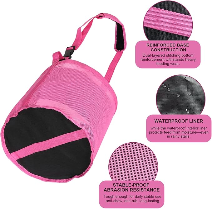 Heavy Duty Durable Waterproof Horse Feed Bag with Adjustable Strap - Mesh Grain Design, Comfort Neck Pad & Nose Pad Rose Pink