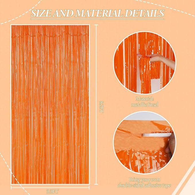 3 Pack Foil Fringe Backdrop - Orange Shiny Tinsel Curtains for Party Decoration/Photo Booth Props - 3.3x8.2 FT Metallic Foil Backdrop for Birthday, Wedding, Graduation, Christmas.