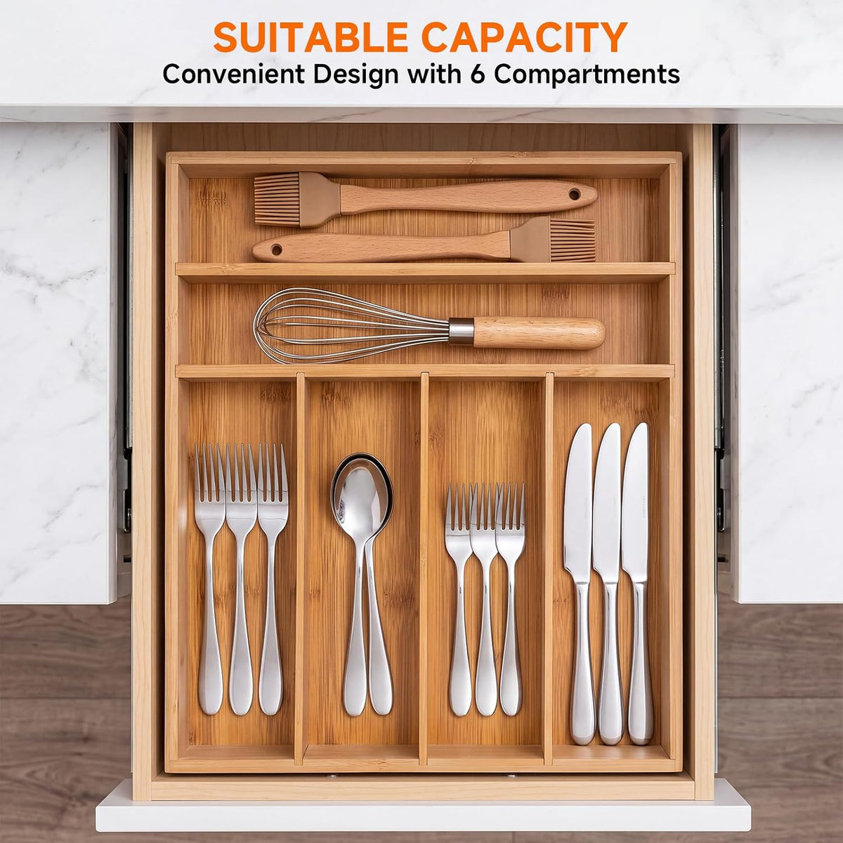 2-Piece Set Bamboo Silverware Drawer Organizer