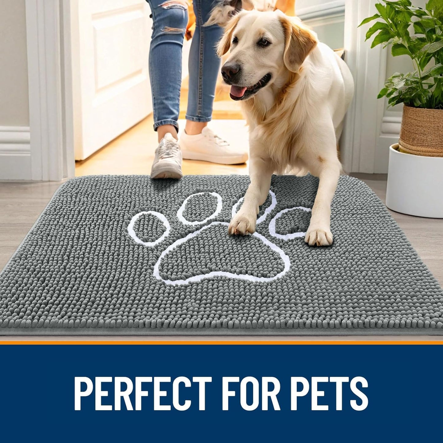 OLANLY Door Mat for Muddy Dog Paws 48x30, Absorbent Chenille Mud Doormat with Paw Print Design, Non-Slip Washable Doormat for Indoor Entryway, Quick-Dry Pet Bed Mats for Dirty Dogs, Grey and White