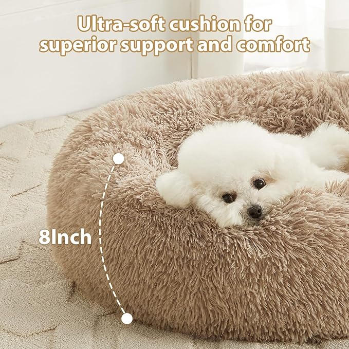 WNPETHOME Calming Dog Bed, Anti-Anxiety Donut Small Dog Bed, Fluffy Faux Fur Cat Cushion, 27 x 27 inch, Brown