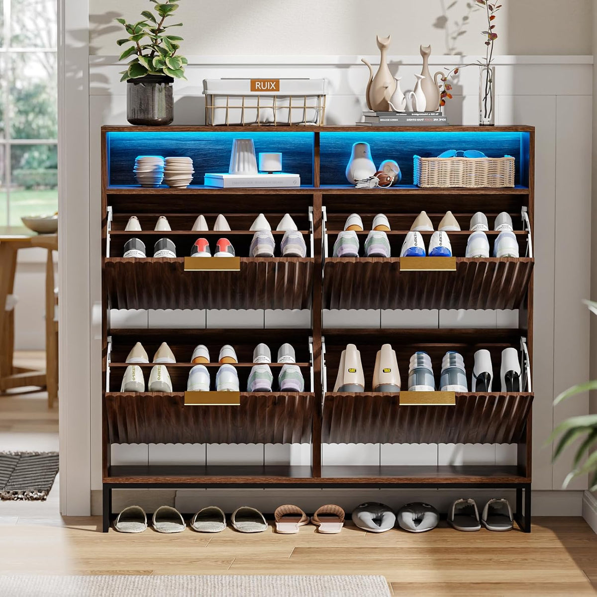 VINGLI Walnut Fluted Shoe Cabinet for Entryway, Narrow Hidden Shoe Storage Organizer with 4 Flip Drawers & 16-Color LED Lights, Mid Century Modern Slim Freestanding Shoe Rack with Cubby