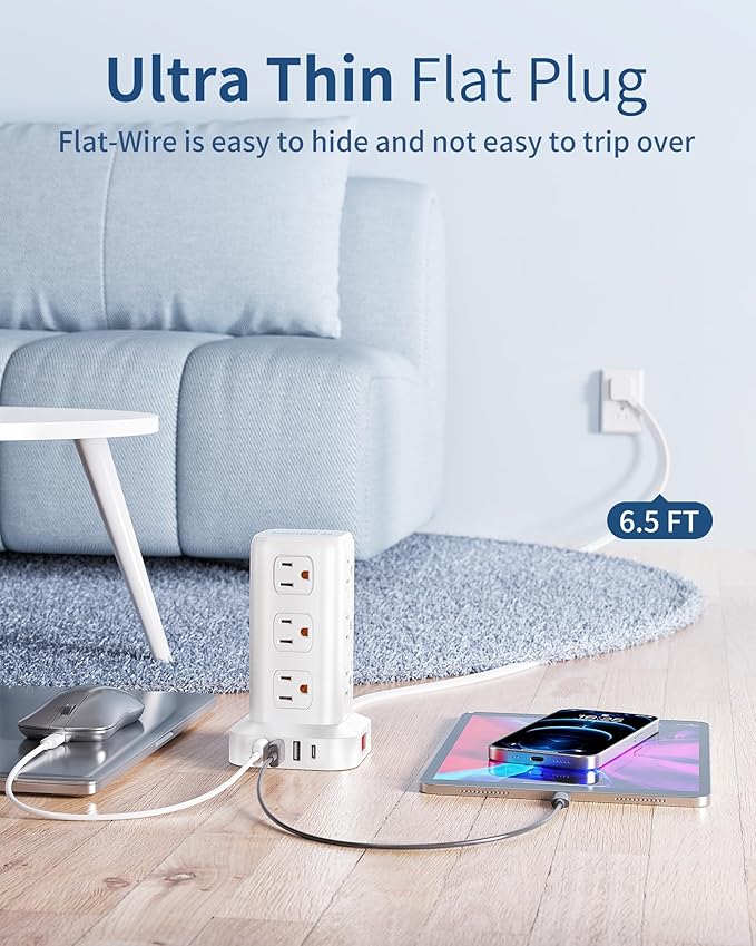 Power Strip Tower, 6.5 Ft Flat Plug Extension Cord, 16 IN 1 Power Bars with Surge Protector, Power Tower Bar with 12 AC Multiple Outlets 4 USB (1 USB C),for Home Office Desk