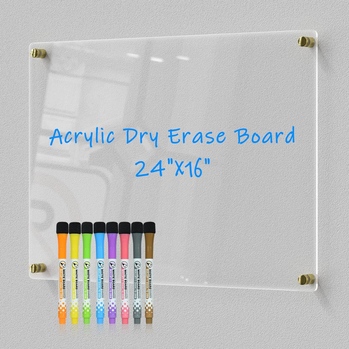 Clear Acrylic Dry-Erase Board 24x16 | Transparent Wall-Mount Writing Panel | Includes 8 Color Markers, Eraser, Standoff Screws & Install Kit | Ideal for Home & Office