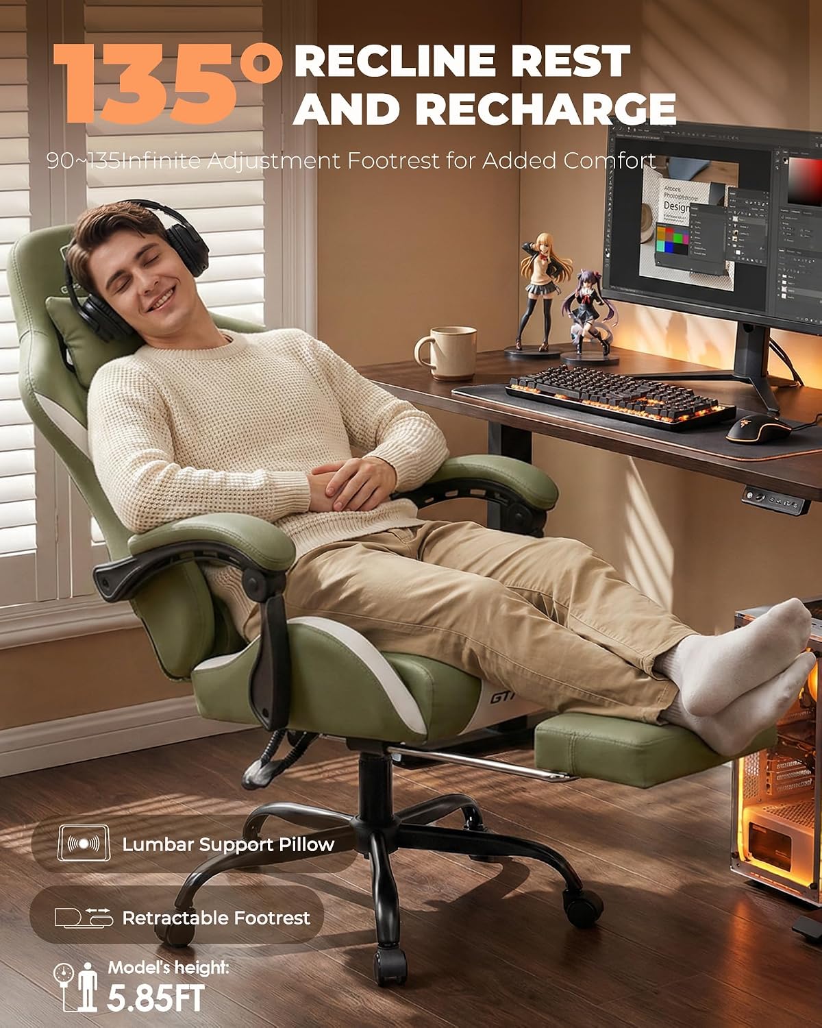 GTPLAYER Gaming Chair with Foot Rest & Pocket Spring Cushion, Ergonomic High Back Computer Desk Chair with Headrest & Lumbar Support for Back Pain Relief, Breathable Fabric, Green