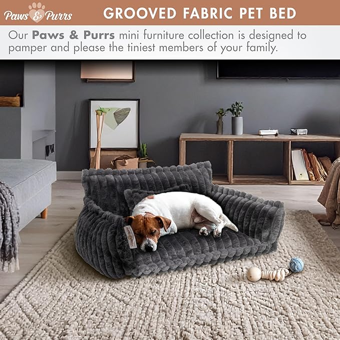 Grooved Pet Bed for Small to Medium Dogs or Cats, Soft Ribbed Corduroy-Style Polyester Fabric, Supportive Bolsters, Removable Cover, Non-Slip Base, Sofa Pet Lounger with Mini Play Cushion, Dark Gray
