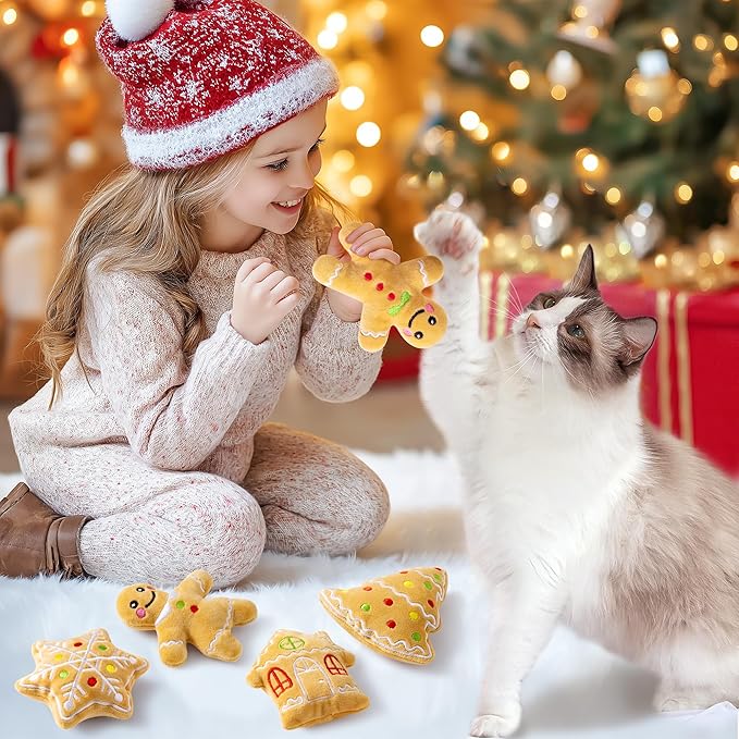 MALLMALL6 Catnip Toys for Cat - 5Pcs Christmas Gingerbread Catmint Interactive Cat Toy for Indoor Kitten, Soft Kitty Supplies, Kitten Teething Chew Kick Toy Set, Pet Xmas Gifts for Kitty Lover
