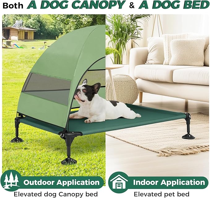 Windproof Elevated Dog Bed with Canopy & Stakes, 3-Sided 90% UV Block, Chew-Proof Teslin Mesh Mat for Large Dogs up to 150lbs(Green Large)