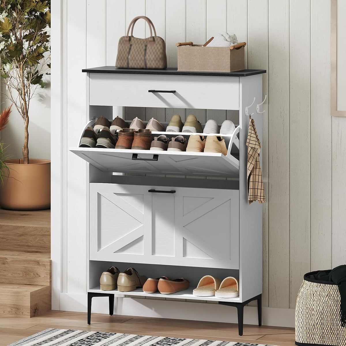 MAHANCRIS Shoe Cabinet with 2 Flip Drawers, Farmhouse Shoe Storage Cabinet for Entryway, Freestanding Narrow Shoe Organizer Cabinet with Adjustable Shelves for Entrance, Black and White SHBB20201