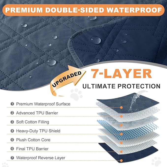 100% Waterproof Dog Couch Protector, Triple-Layer Waterproof Dog Bed Cover Pet Blanket Reversible 2-Tone Sofa Shield, Non-Slip Furniture Guard for Pets(42×50 Inch, Blue+Navy Blue)