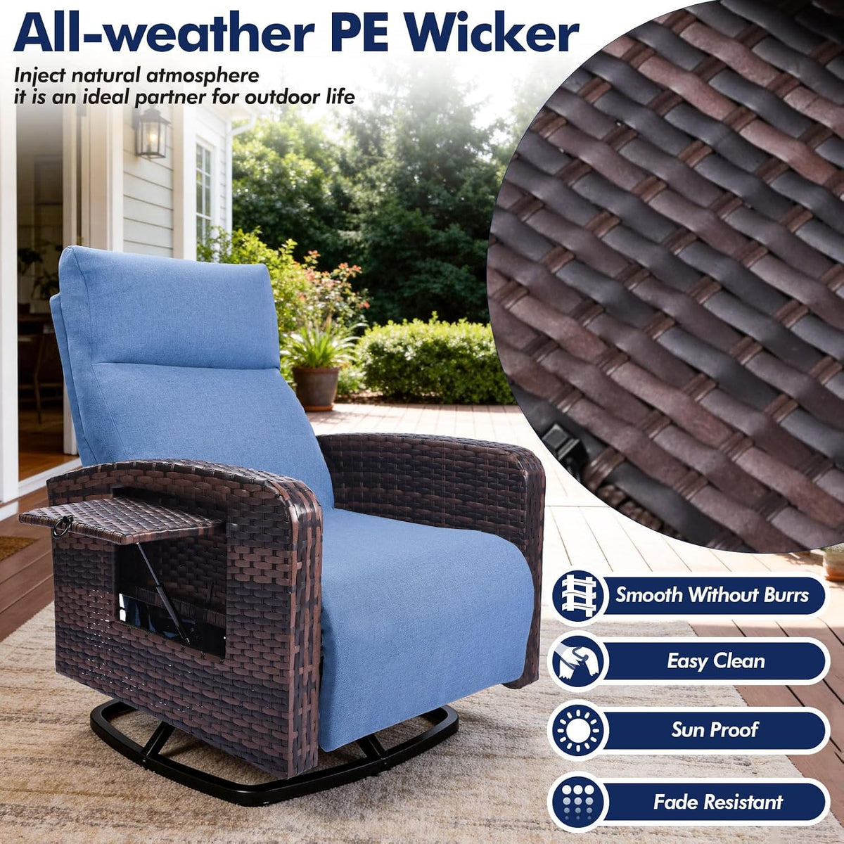ZZW Outdoor Recliner Chair Set of 2, Wicker Patio Recliners with Adjustable Backrest and Extended Foot Rest, Reclining Patio Chairs with Flip Table & Removable Cushion Cover for Porch