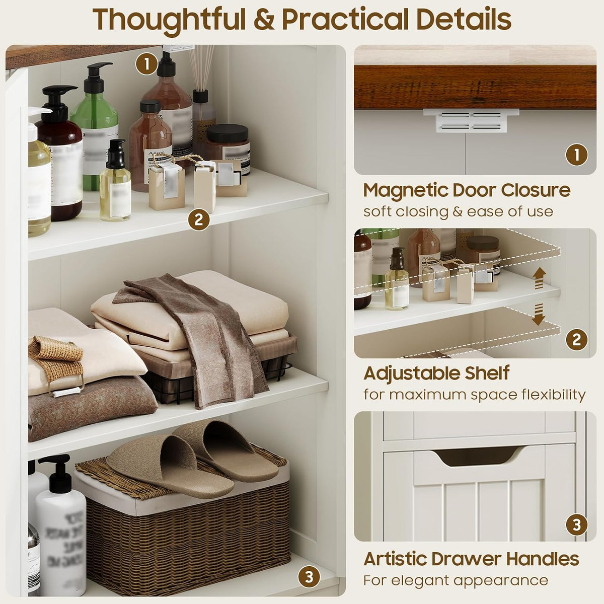 Vabches Farmhouse Bathroom Cabinet, Freestanding Storage Cabinet with 4 Drawers and 2 Doors, Rustic Storage Organizer with Adjustable Shelf for Bathroom, Living Room, Entryway, White